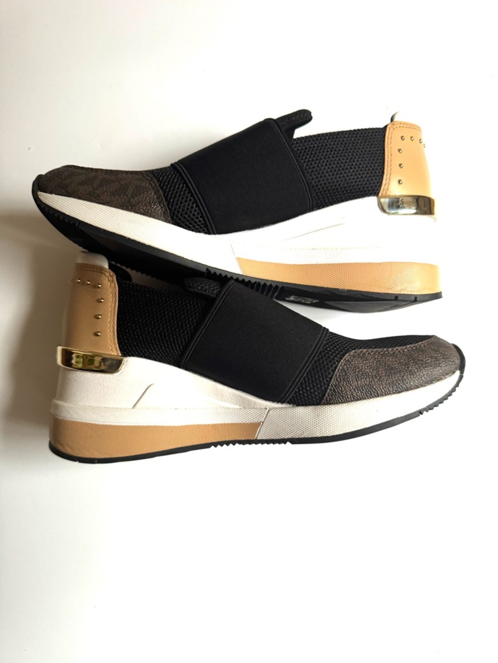 Michael Kors Black and Tan Wedge Slip-On Felix Trainers with Gold Accent - Picture 3 of 8